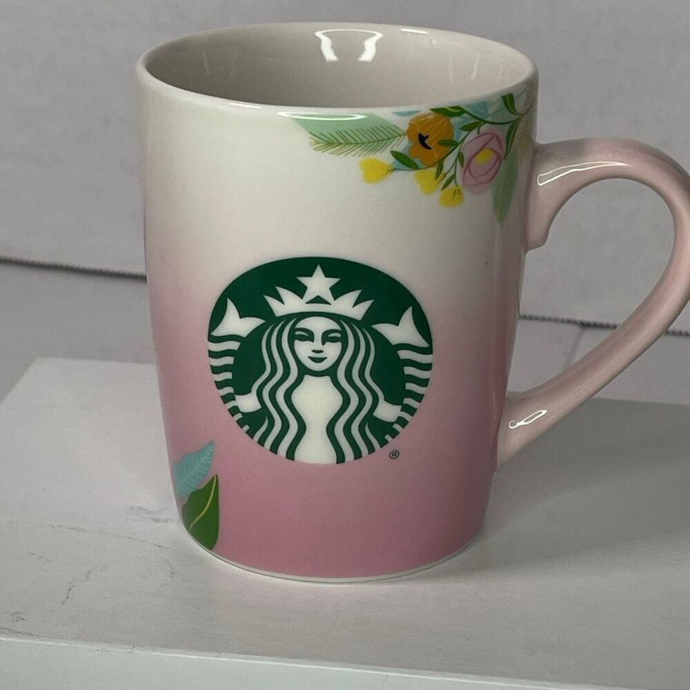 Starbucks 10 oz Thankful pink floral mug.